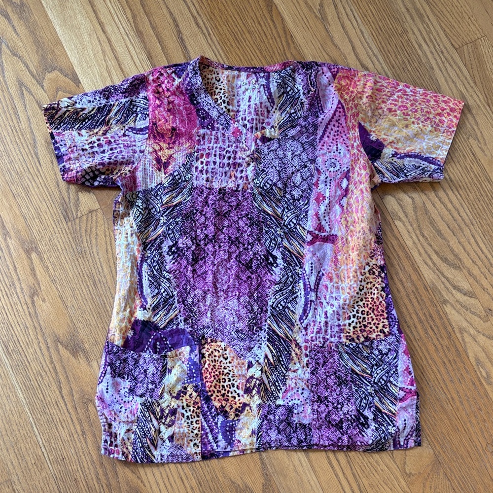 Vibrant Patchwork Print V-Neck Scrub top- Purple & Pink